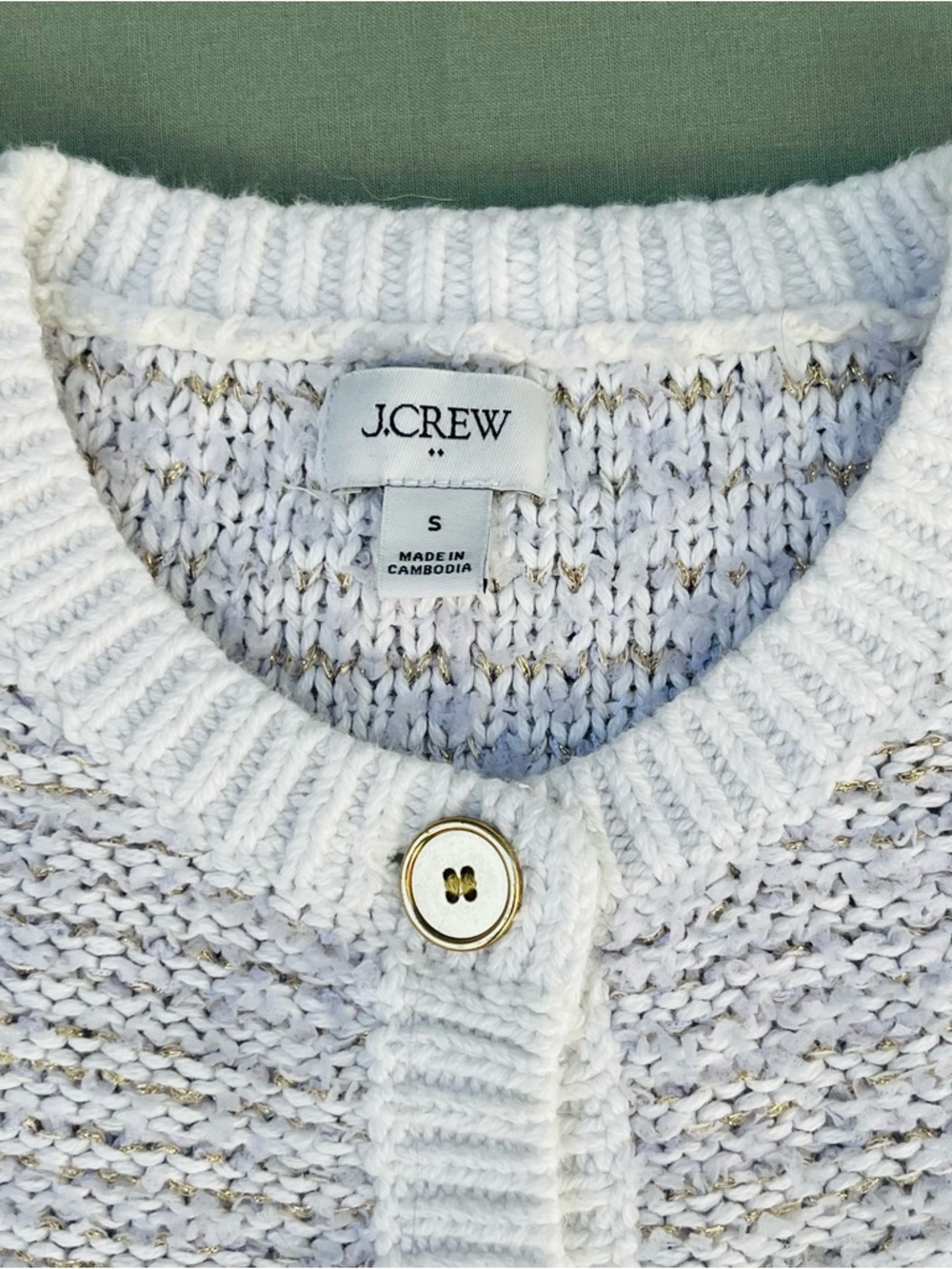 J.Crew Woman White Knitted Gold Thread & Buttons Sweater Cotton Blend Cardigan - Picture 3 of 11